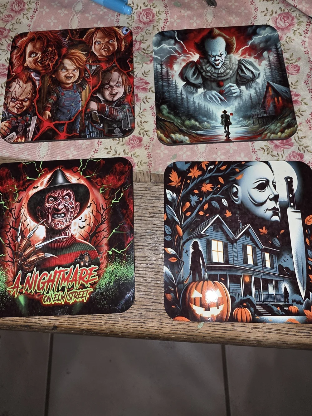 Horror Movie Coaster Set - Assorted Halloween Designs in Black/Red/Gray
